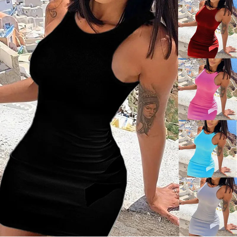 Summer Vintage Cotton Bodycon Dress Women Sexy Sleeveless Club Party Dress Ladies Solid Skinny Elegant Mini Dress New