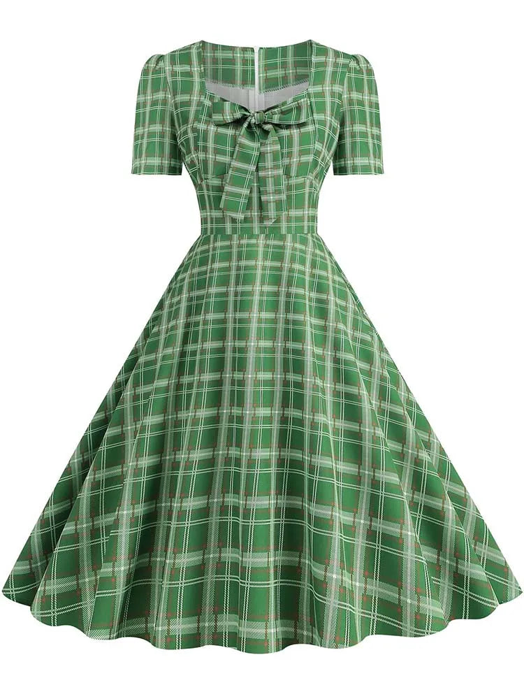 Green Plaid Swing Party Dresses Women Elegant Vintage Square Collar Short Sleeve Casual Summer Dress