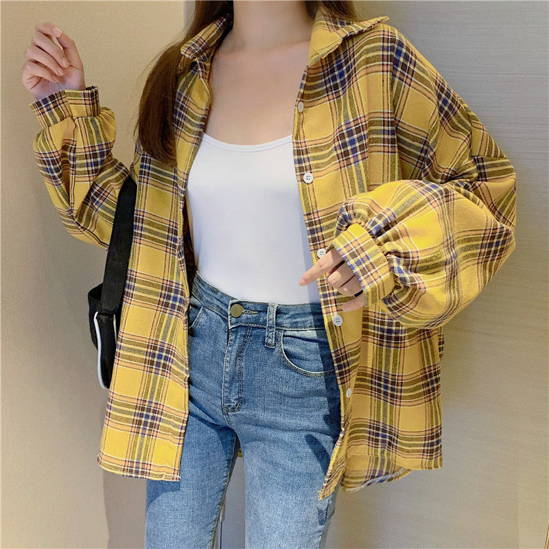 Women Tartan Shirt Long Sleeve Collared Button Up Oversized Plaid Shirt Jacket Grunge Fashion Teenage Girl Spring Summer Outfit