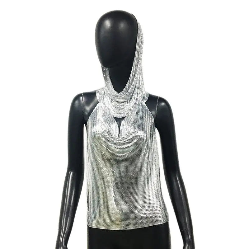 Women Metal Sequins Tank Top With Turban 2 Piece Sexy V Neck Backless Suspender Top Rave Festival Party Nightclub Camisole