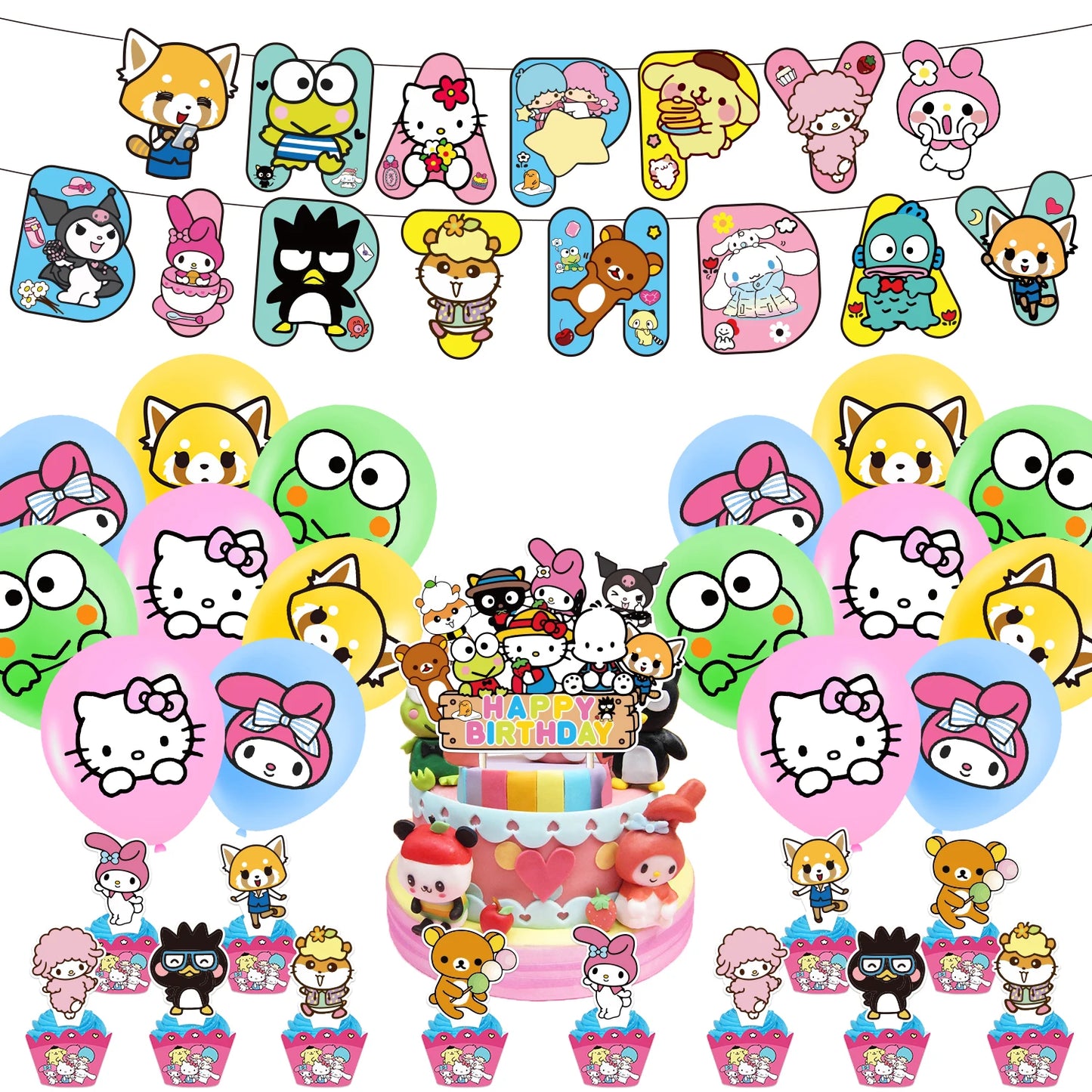 kawaii Sanrio Birthday Party cutlery plate Disposable Banner Cake Topper Hanging Flag Hello Kitty Balloons Birthday Decorations