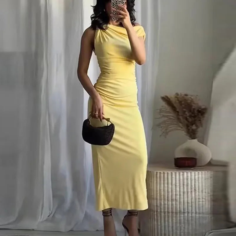 TRAF Asymmetrical Long Dresses 2025 Woman Sleeveless Yellow Midi Dress Ruched Bodycon Party Dresses Women Slit Elegant Dress 088