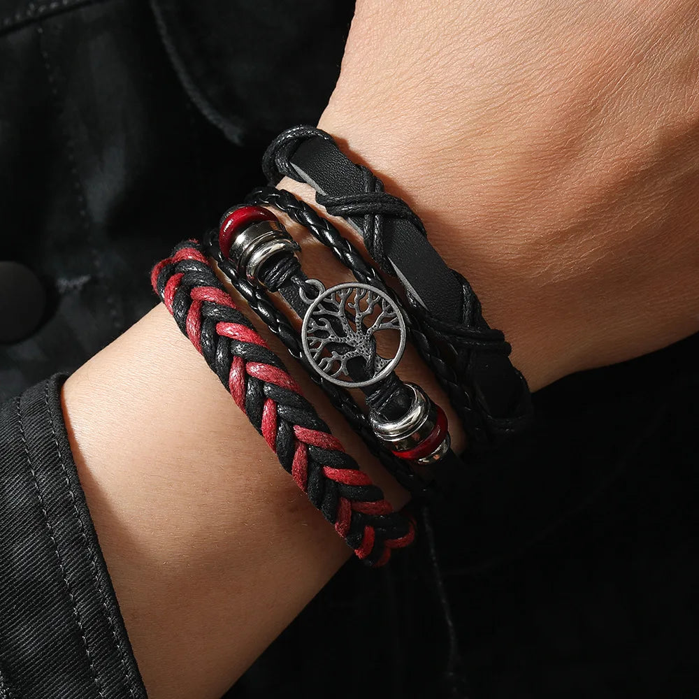 Red 6 Pc/set Tree Black Wrap Woven Handmade Wood Beads Bracelets Male Women Leather Bracelets Men Bangle Wholesale Jewelry Gift