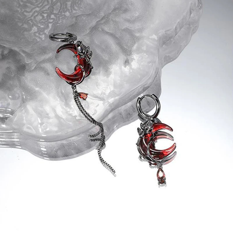 Red Moon Gem Asymmetric Earrings Personality Hip-pop Gothic Dark Ear Pendants Tassel Chain Eardrop Ear Buckle Jewelry Accessory