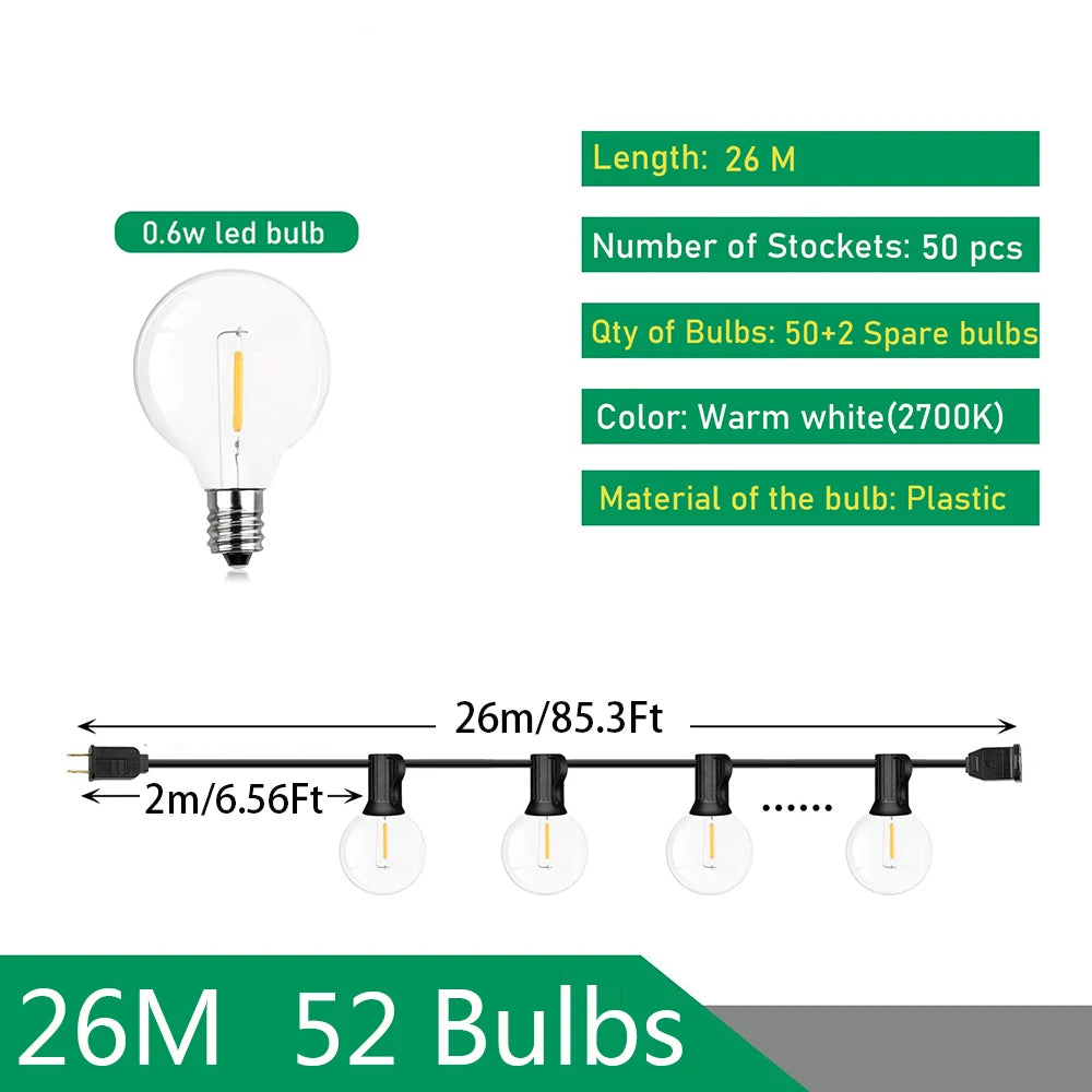 110V/220V 屋外用ストリングライト LED G40 フェストゥーン フェアリー パティオ ガーランド ランプ ウェディング ストリート キャンプ ガーデンパーティー デコレーションライト