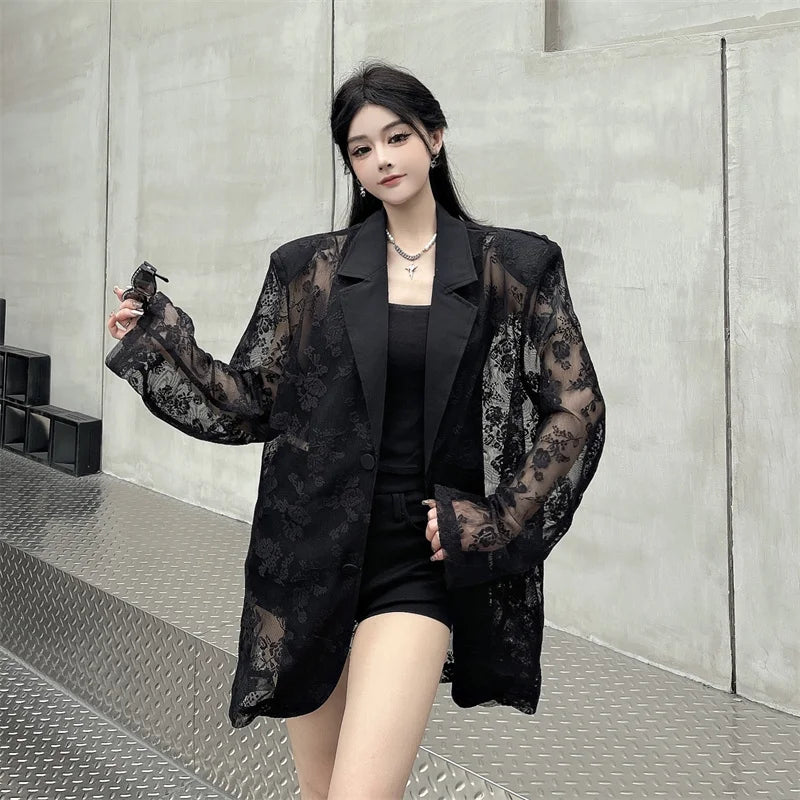 Women Clothing Summer Thin Jackets 2025 Ropa Mujer Patchwork Lace Temperament Coat Sexy Y2k Tops See Through Oversized Outwear