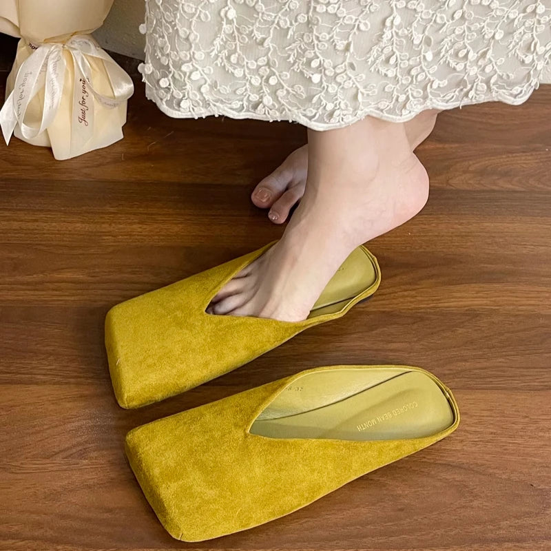 Flats Women Square Toe Slippers Designer Shallow Mule Shoes 2025 Summer New Casual Shoes Fad Brand Walking Soft Femme Chaussures