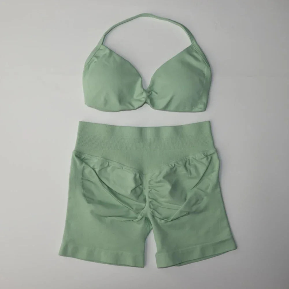 Gym Set Women Two Piece Strappy Yoga Bra Top Workout Scrunch Shorts Suit Fitness Clothes Seamless Sportswear Workout Set
