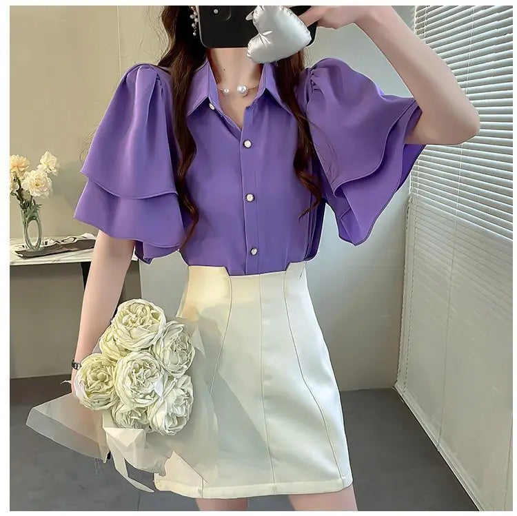 French Lady's Summer Loose Shirt Women's New Loose Blouse Solid Color Ruffle Short Sleeve Chiffon Top