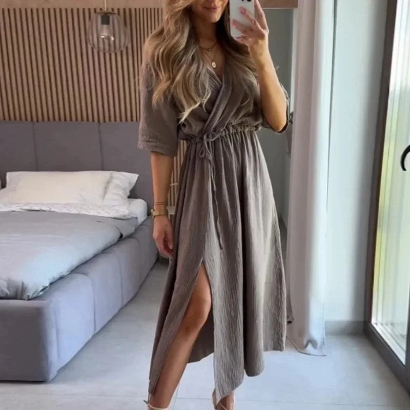 Elegant Party Dresses Women 100% Cotton Muslin Gauze Holiday Beach Casual Corset Waistband Ladies Robe Loose Soild Sundress