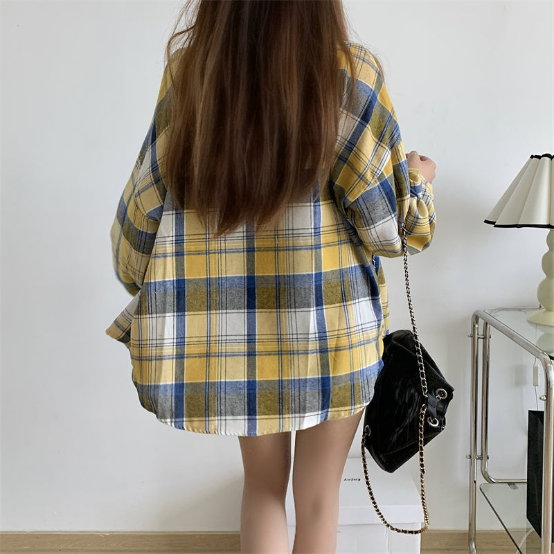 Women Tartan Shirt Long Sleeve Collared Button Up Oversized Plaid Shirt Jacket Grunge Fashion Teenage Girl Spring Summer Outfit