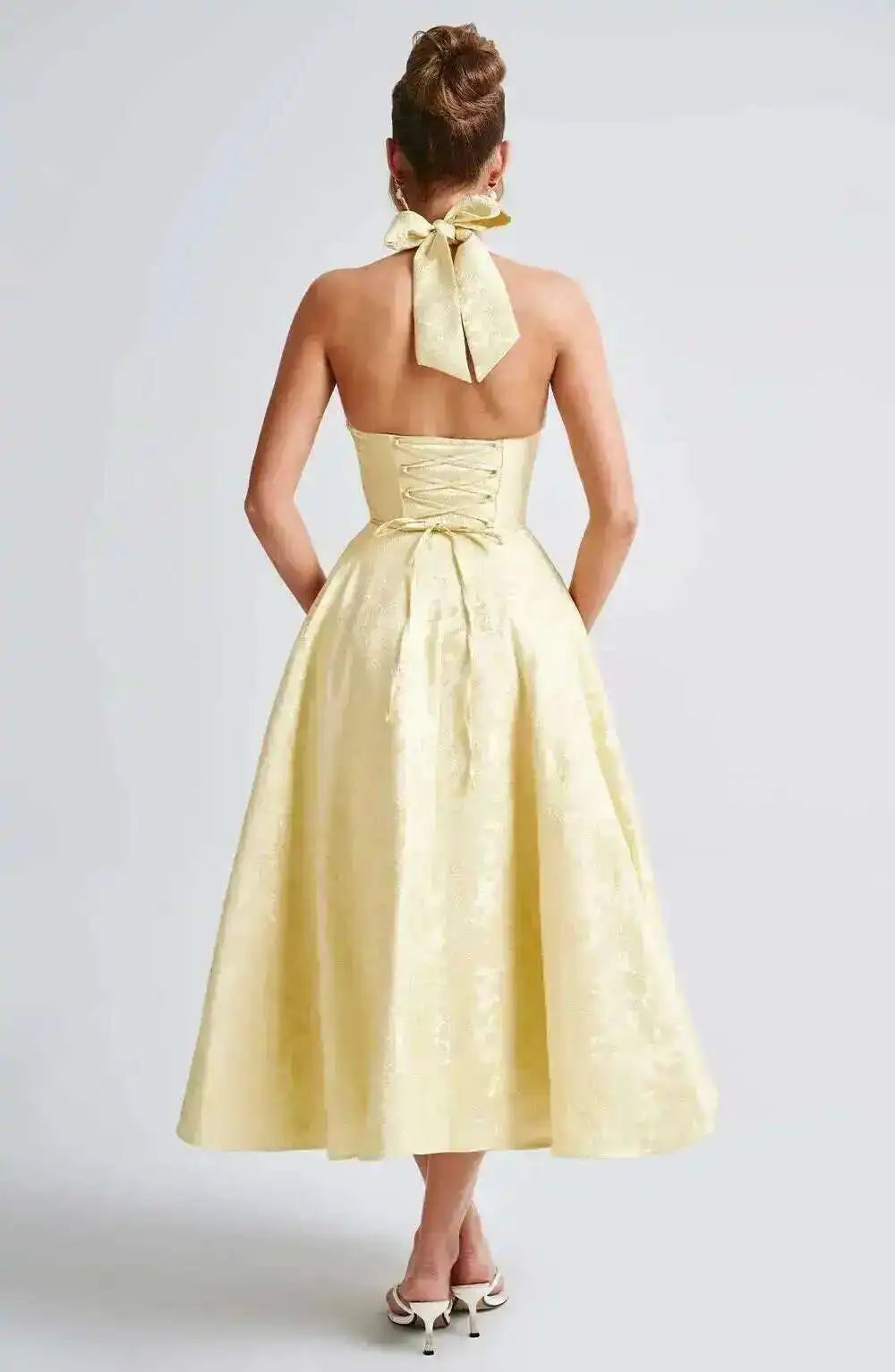 Giyu Club Evening Party Dresses Women 2025 Summer Sexy Bow Halter Long Dress Elegant Jacquard Lace Up Backless Birthday Robe
