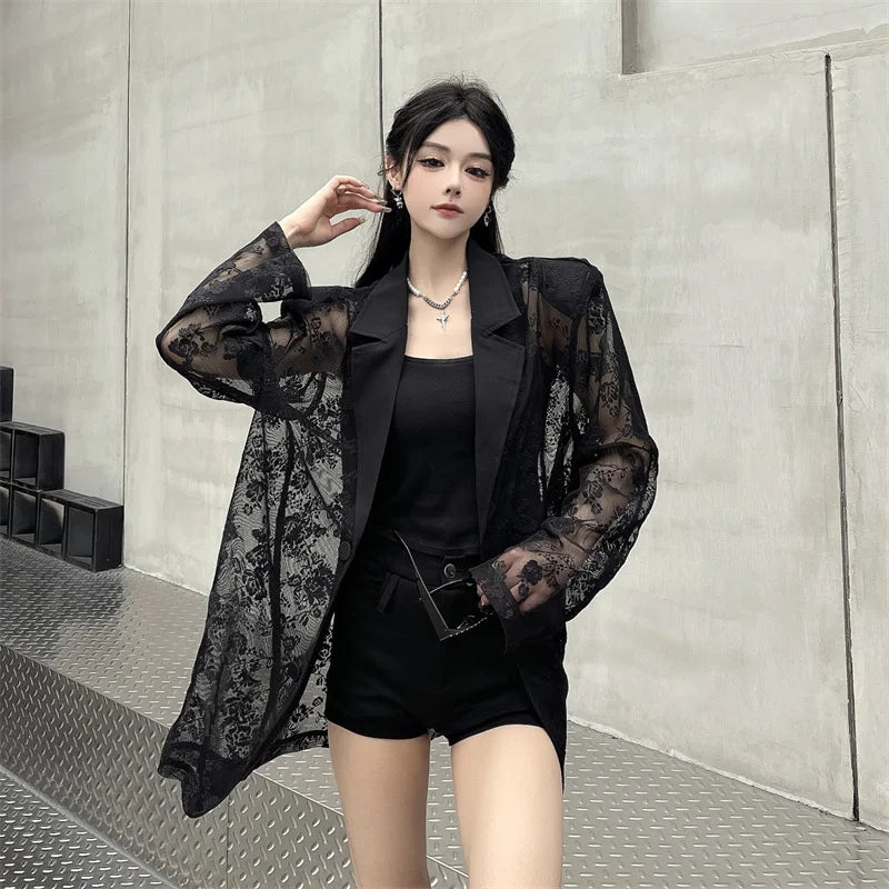 Women Clothing Summer Thin Jackets 2025 Ropa Mujer Patchwork Lace Temperament Coat Sexy Y2k Tops See Through Oversized Outwear