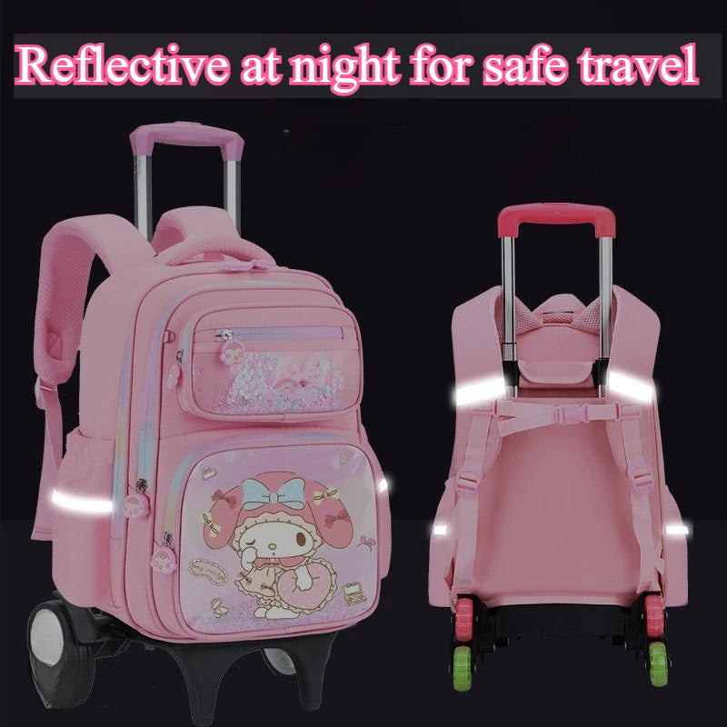 New Kuromi 2-Wheel Trolley School Bag Girls Cartoon Melody Backpack Load-Reducing Large Capacity 6-Wheel Trolley Backpack