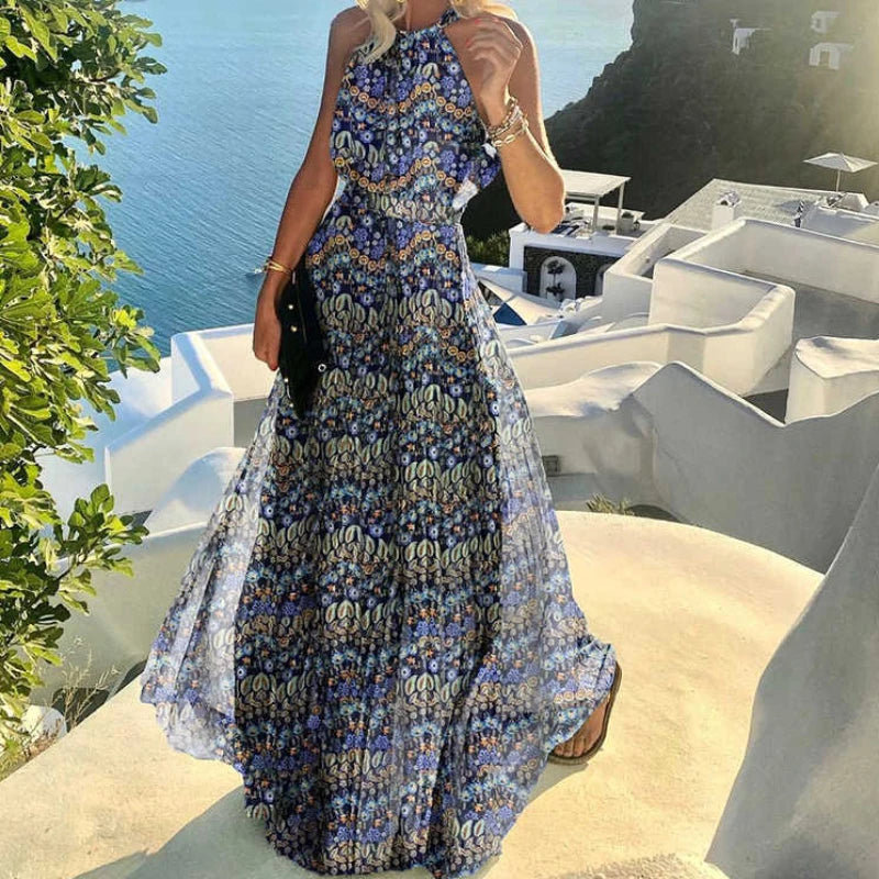 Polka Dot Print Pleated Maxi Dress Women Bohemian Sundress Summer Halter Backless High Waist Loose Party Dresses Long Elegant