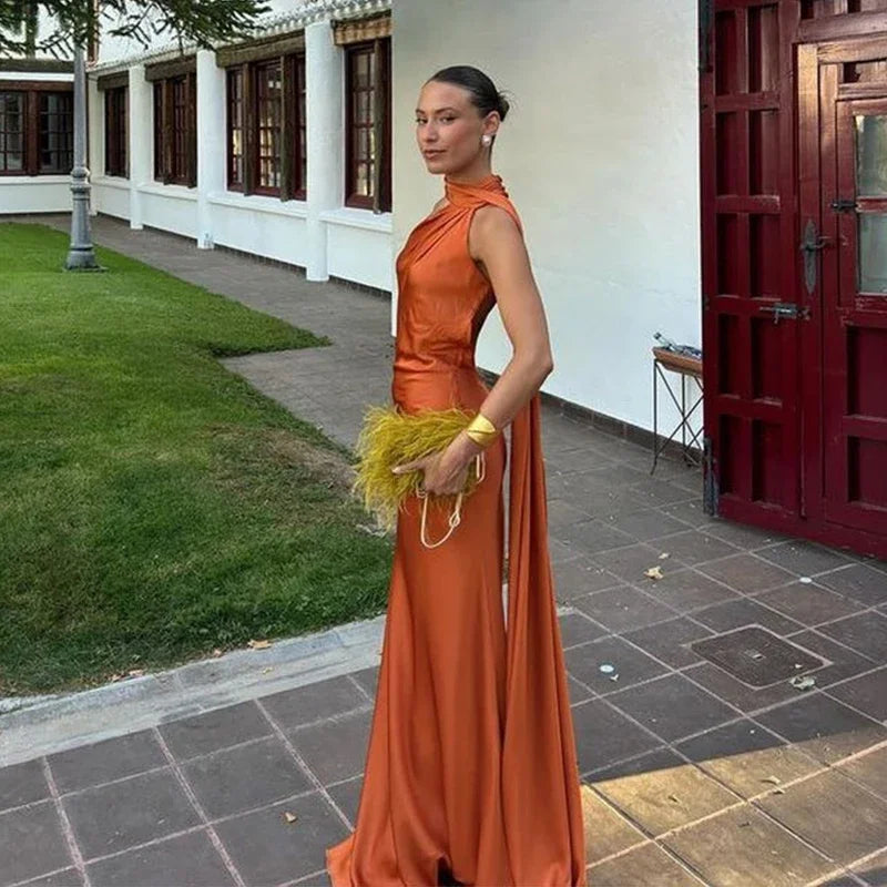 Elegant Satin Ribbon Halter Backless Sleeveless Dress for Women Slim Fit Party Evening Robes Lady Solid Color Autumn Summer 2025