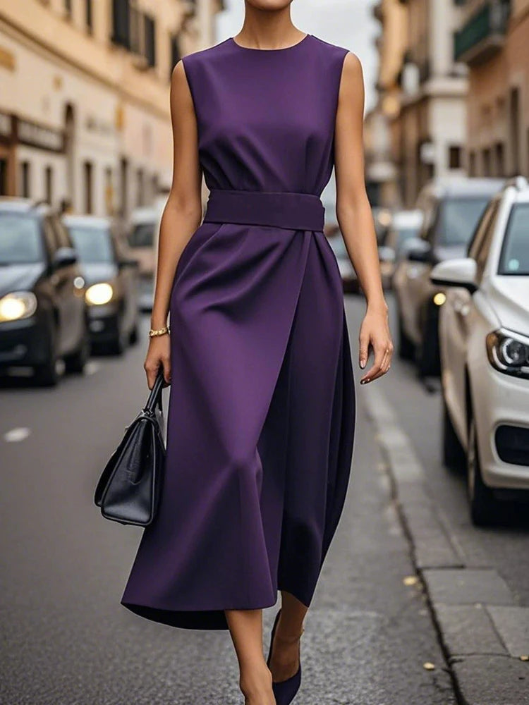 Causal High Waist Slim Maxi Dress Elegant O-neck Sleeveless Draped Long Dress Office Fashion Commuting Solid Party Dresses Women