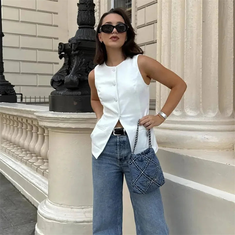 MUJER 2025 White Sleeveless Vest Women Button Summer Vests for Women Jacket Pink Vest Top Women Streetwear Women's Tailored Vest