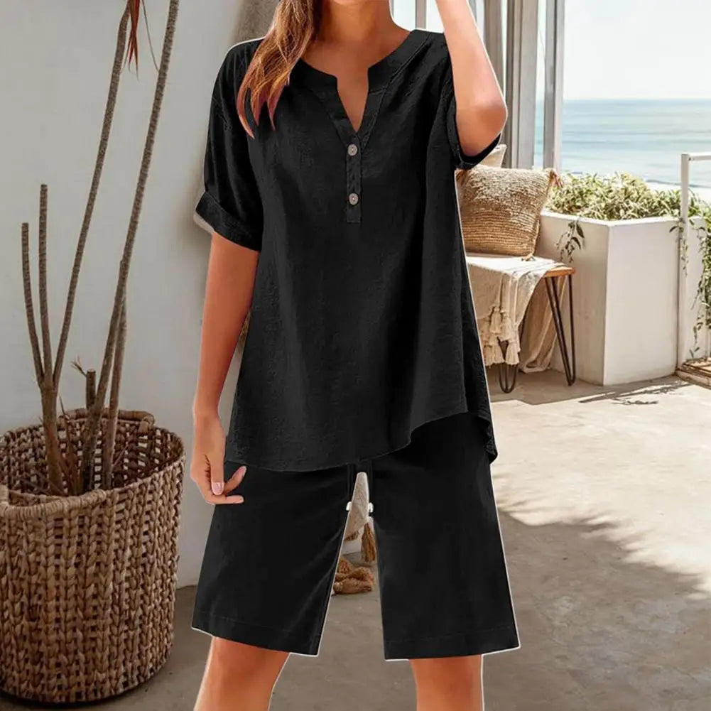 Women 2-piece Set Women's Cotton Linen 2 Piece Outfits Short Sleeve V-neck Top Wide Leg Shorts Set for Summer Lounge Wear Women