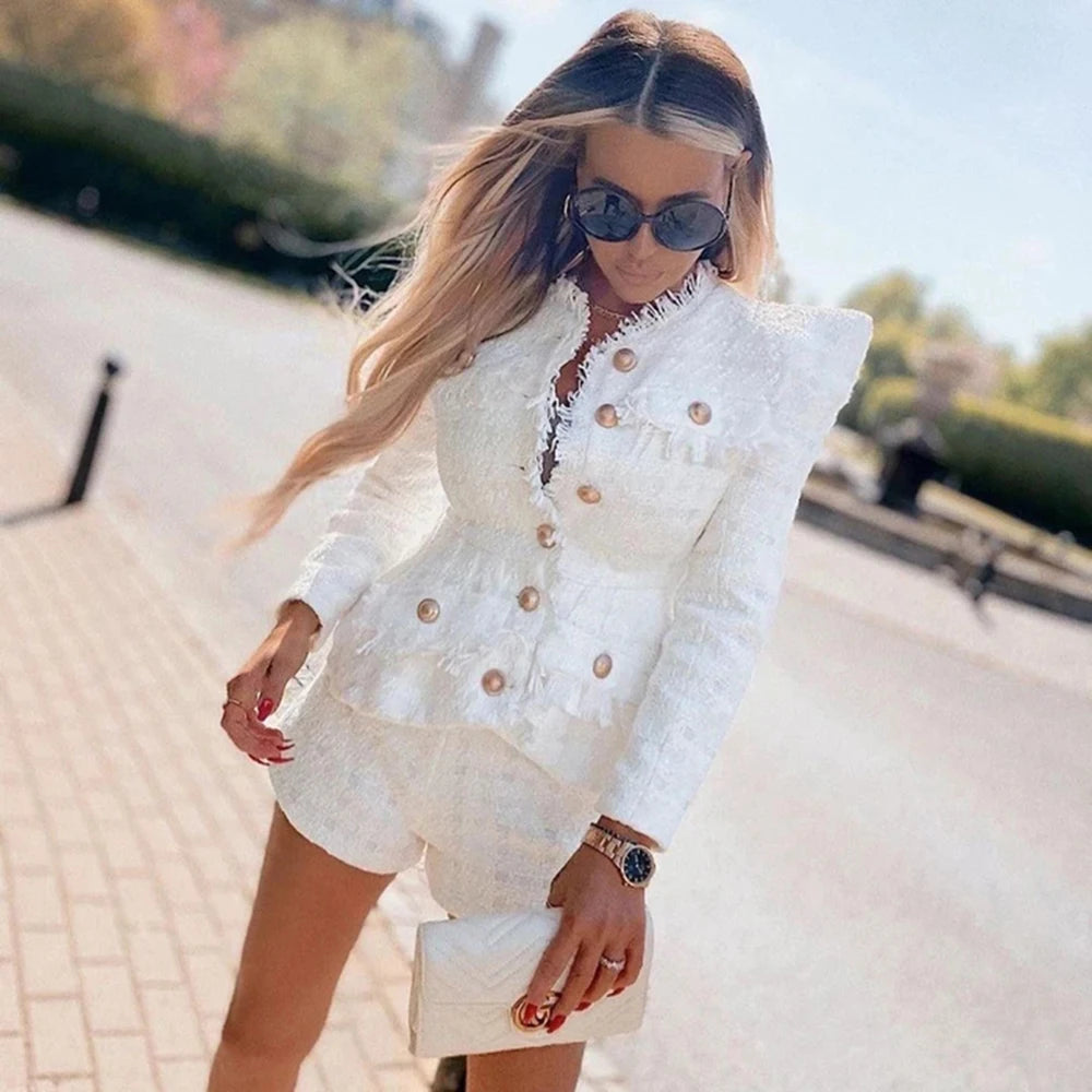 Two-Piece Set Sexy O-Neck Long Sleeve High Quality 2021 New Women's Tweed 2 Single Breasted Jacket And Pants Club Party Set