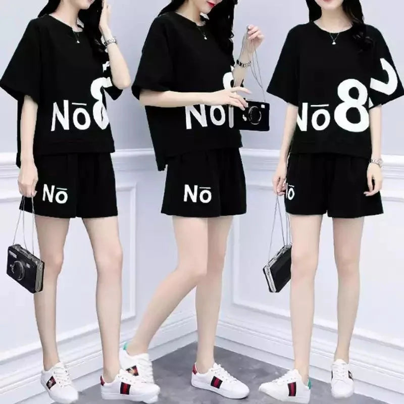 Casual suit women's shorts sportswear summer new 2025 fashion fat MM large size short-sleeved T-shirt two-piece set trendy
