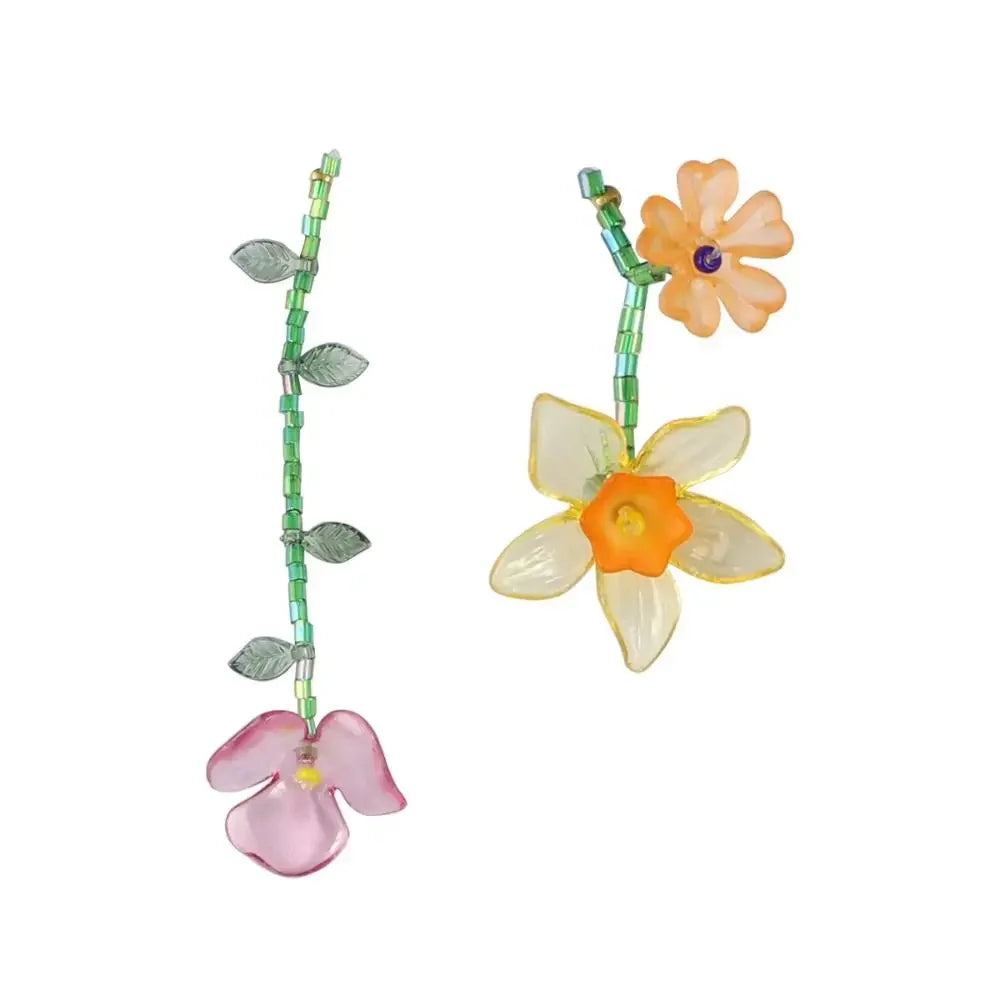 Handmade Resin Flower Necklace Sweet Korean Style Minority Design Asymmetric Earrings Alloy Tassel Beaded Dangle Earring Women