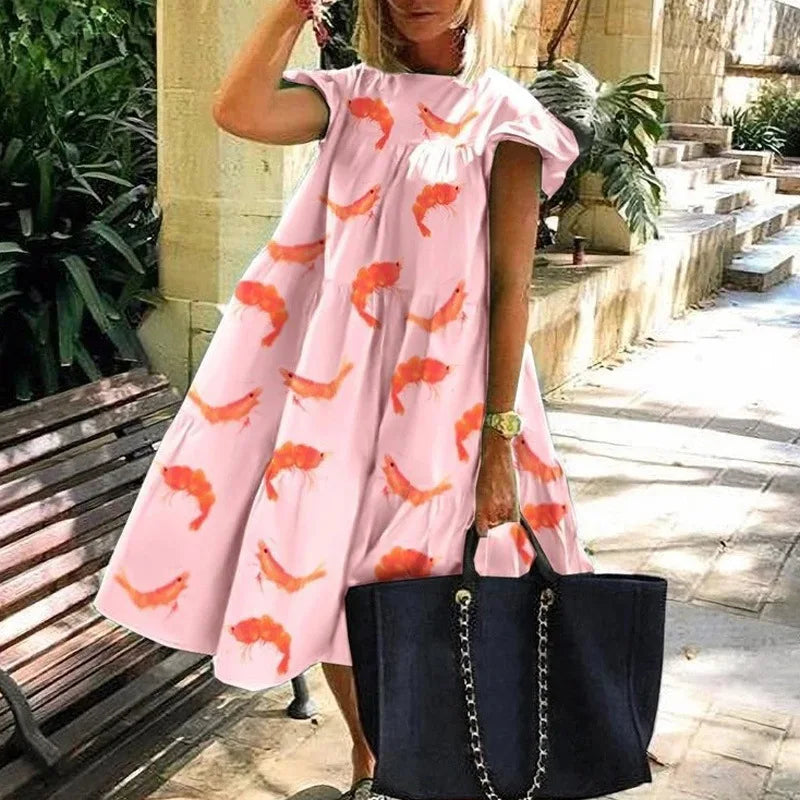 Summer Fashion Boho Print Dress Lady Casual O-Neck Pullover Ruffles Short Sleeve Loose Dresses For Women Holiday Beach Dress New