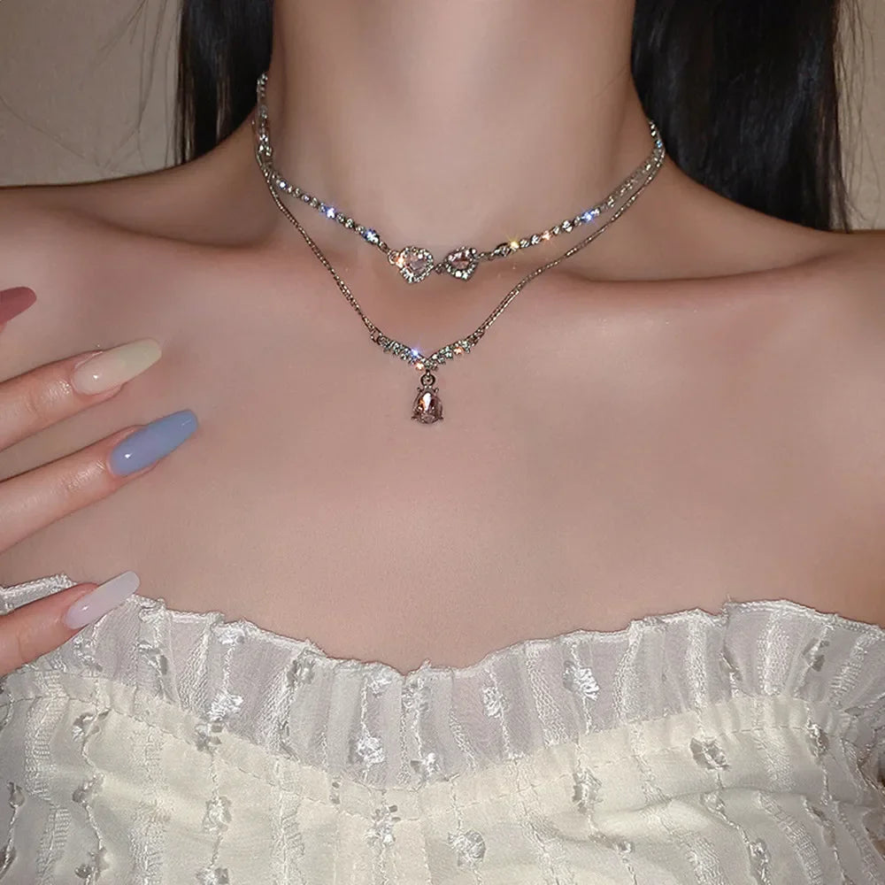 Luxurious Square Pink Zircon Pendant Necklace For Women Fashionable Personalized Daily Accessory Party Jewelry Birthday Gifts