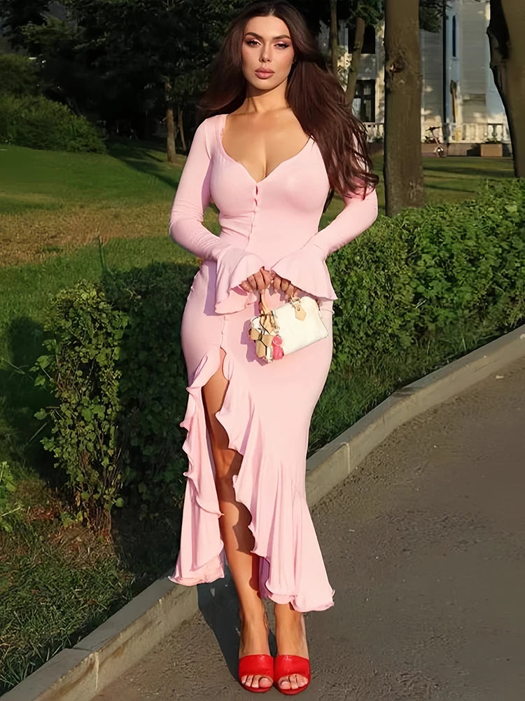 Sibybo Ruffles V Neck Bodycon Maxi Dress Women Fashion Single-breasted Flare Sleeve Side Split Irregular Party Dresses Robes