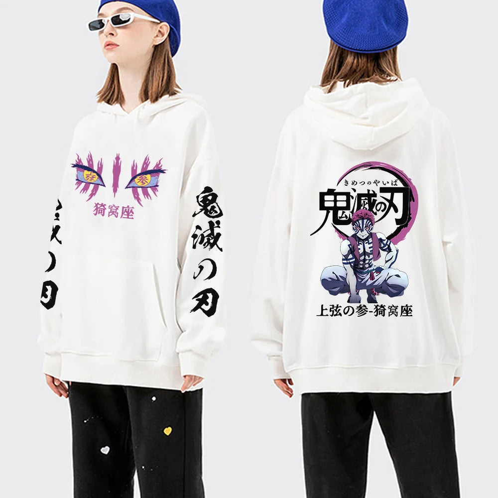 Japanese Anime Demon Slayer Hoodies for Men Akaza Manga Graphic Streetwear Pullover Hoody Long Sleeve Fleece Hooded Sweatshirt