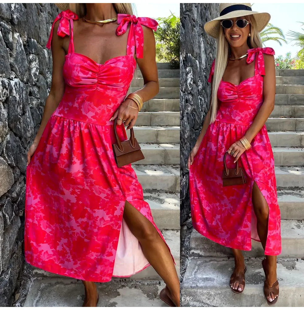 Summer Sexy Strap Midi Party Dresses Women 2024 Fashion Sleeveless Backless Print Slim White Dress Vacation Sundress Elegant