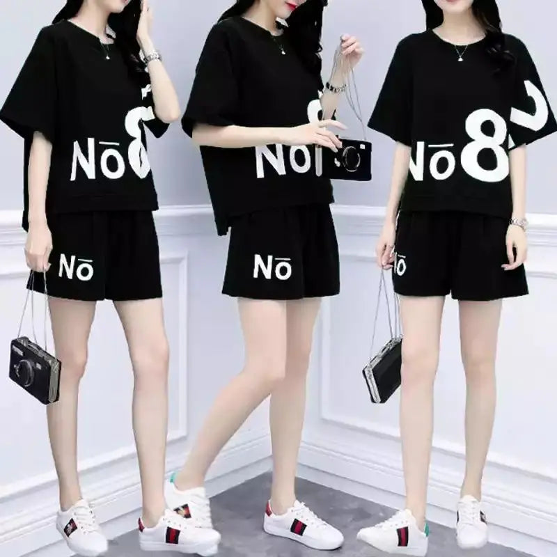 Casual suit women's shorts sportswear summer new 2025 fashion fat MM large size short-sleeved T-shirt two-piece set trendy