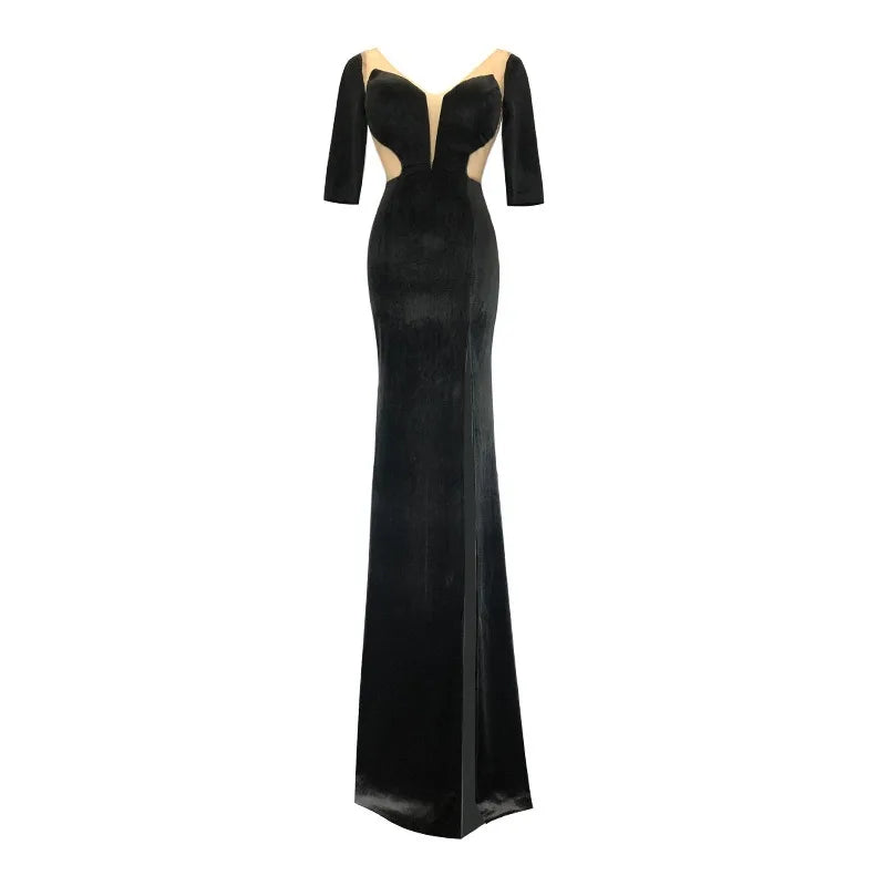 Velvet Sheer Deep V Neck Evening Gown Backless Floor Length Dress With Thigh High Slit Elegant Prom Gown Women Carpet Events