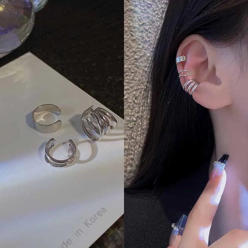 Silver Color Leaves Clip Earrings for Women Men Creative Simple C Ear Cuff Non-Piercing Ear Ear Clip Set Trend Jewelry Gift