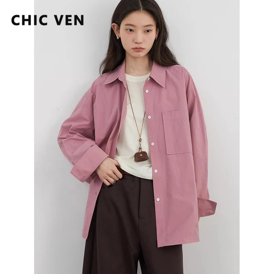 CHIC VEN Women Shirts Solid Long Sleeve Loose Single Breasted Female Blouses Woman Cotton Spring Summer 2025 Clothing