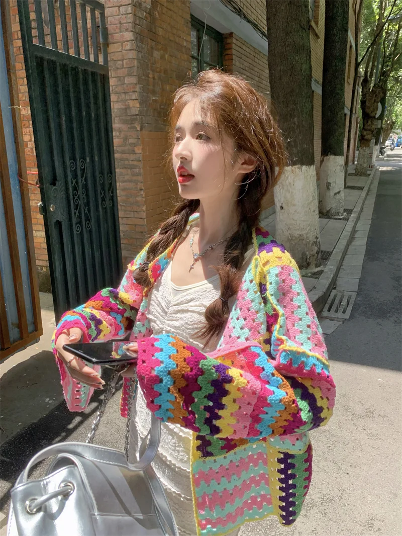 SALIENCY Colorful Crochet Knit Hollow Cardigan Sweater Jacket Women Spring Top Loose Short Knitwear