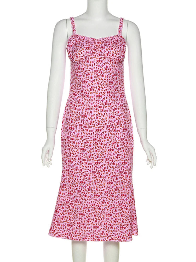 Hbenna Summer Dresses For Women Floral Print Sexy Y2K Ankle-Length Party Dresses Women Skinny Spaghetti Strap Long Dresses Pink