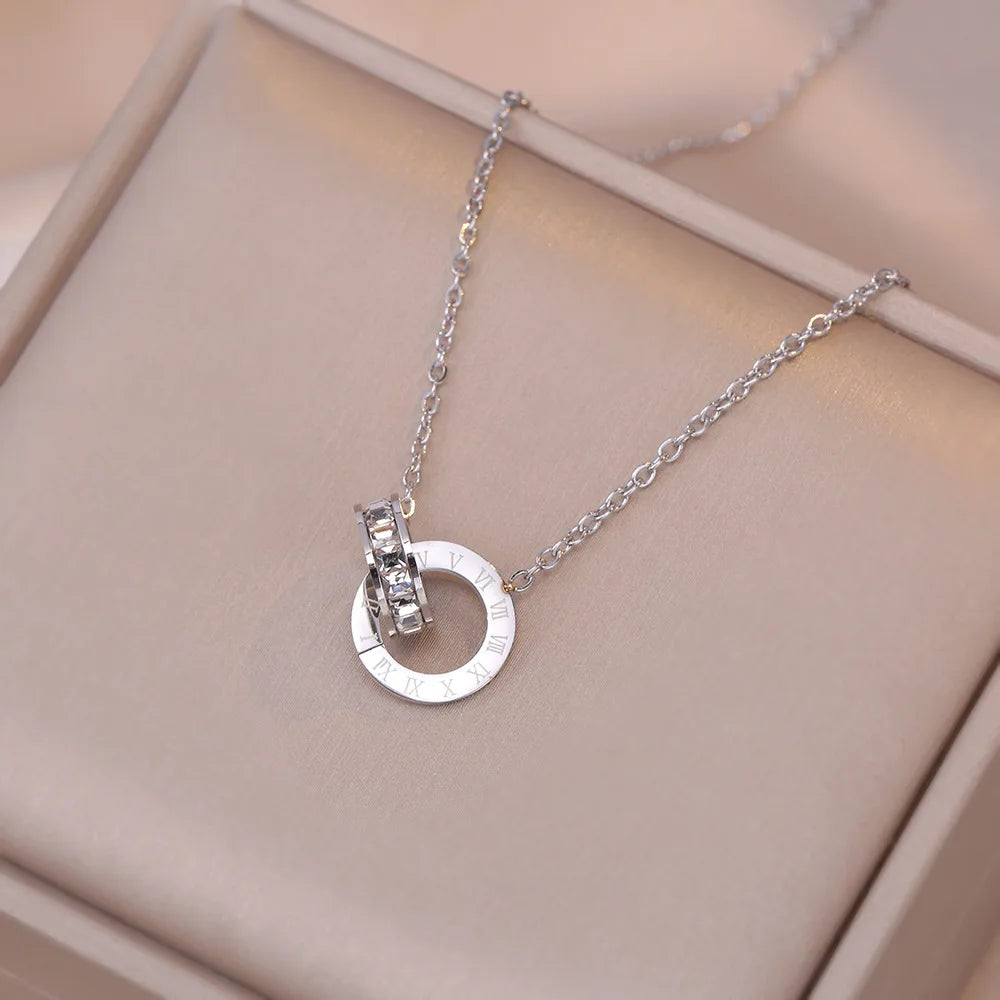 Luxury Elegant Crystal Circle Choker Fashion Roman Digital Stainless Steel Gold Silver Color Pendant Necklaces for Women Jewelry