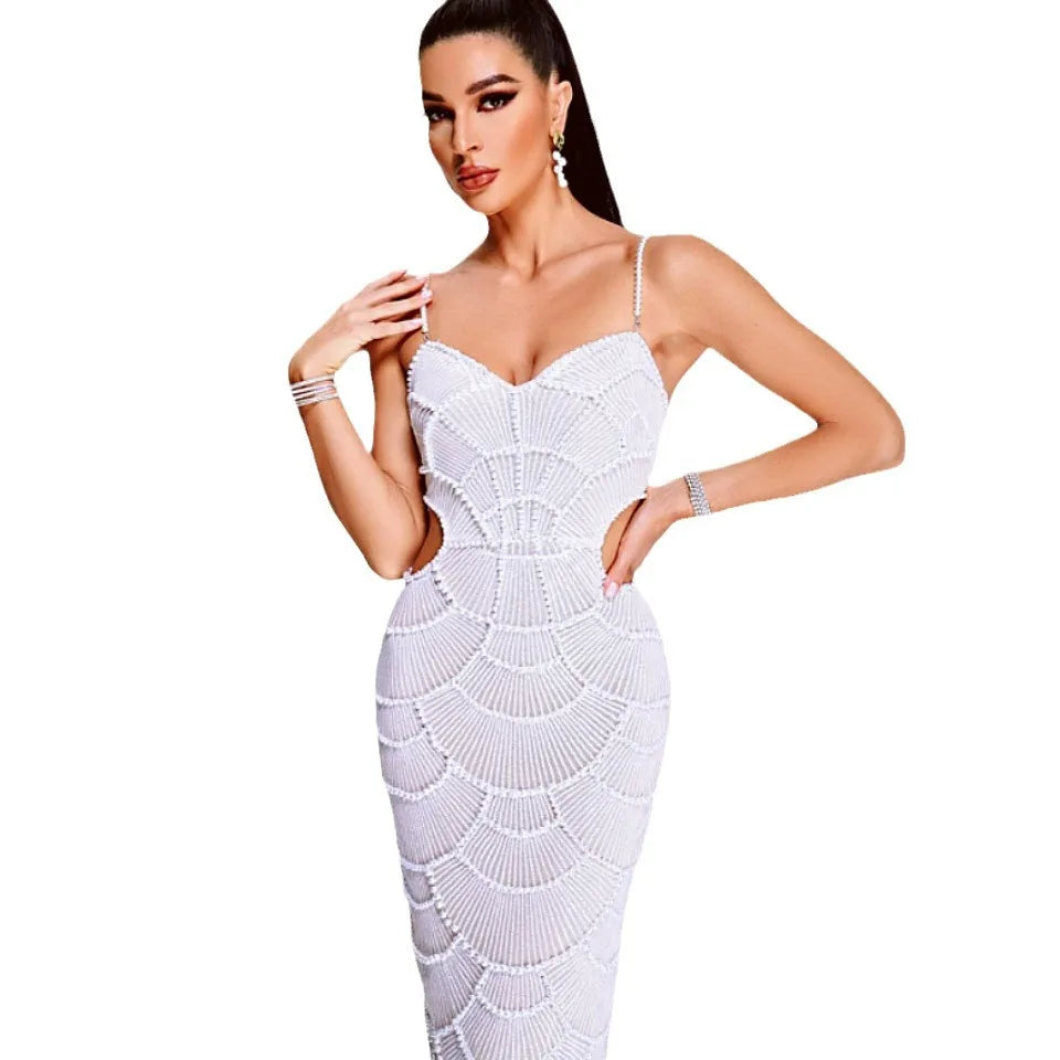 Deluxe Exquisite Sequin Beaded Sexy Hollow Suspender Dress Celebrity Birthday Party Dinner Dress Sweet Date Prom Dress