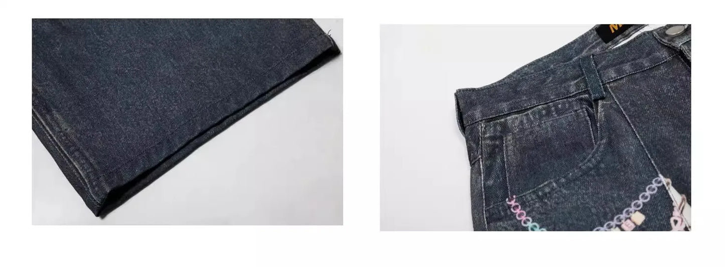 Chain Print Blue Jeans orts Men's Summer Loose Straight Leg Seven-Foot Pants Casual High Waist Corduroy Youth Faion