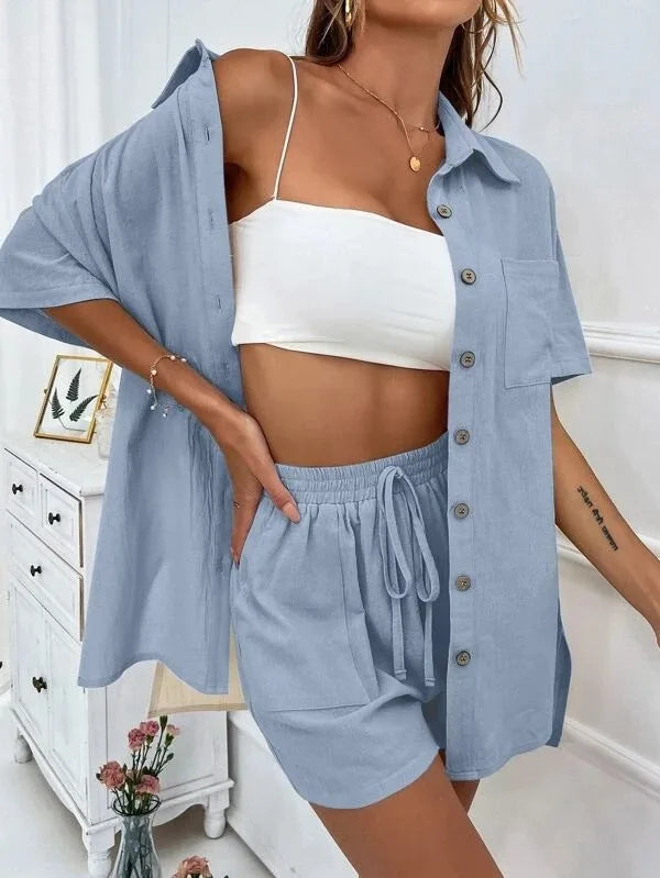 Long Sleeve Single breasted Top Broad legged Shorts Set Fashion Ladies Sexy Solid Suits 2024 Summer 2 Piece Outfits For Women