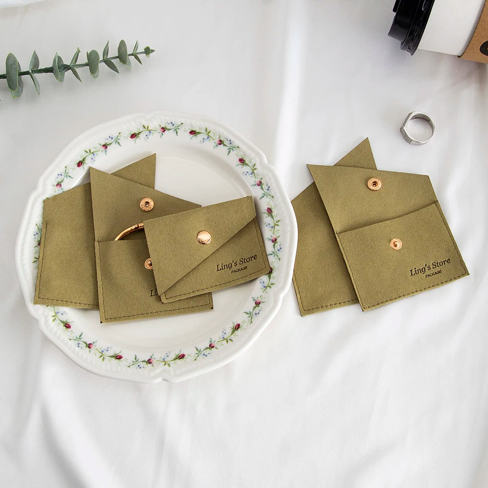 100Pcs Luxury Dark Green Microfiber Gold Snap Bag Envelope Button Purse Pouch For Ring Earrings Headset Coin Soap Gift Organizer