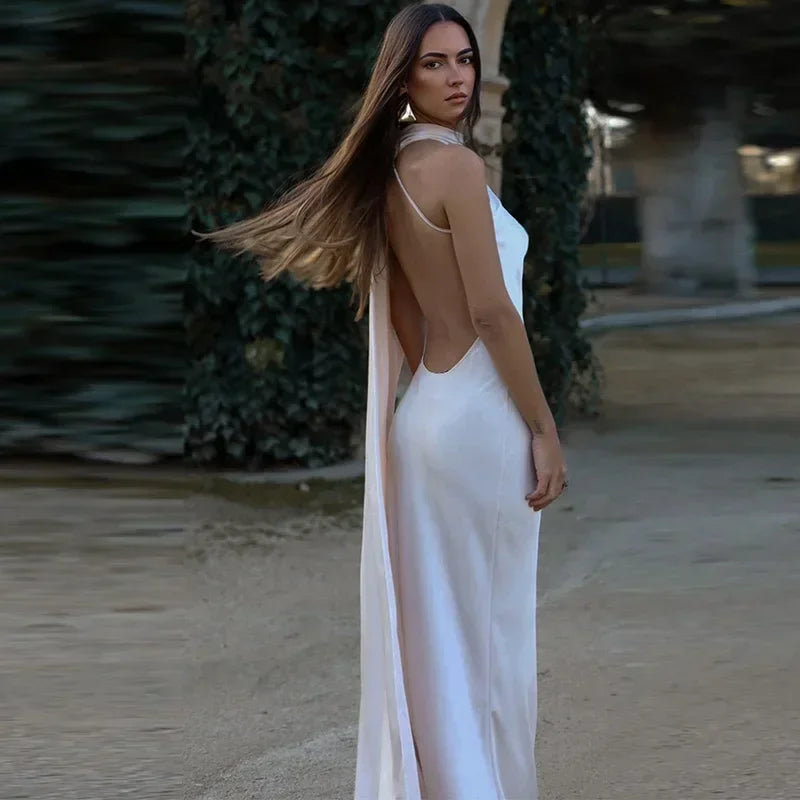 Elegant Satin Ribbon Halter Backless Sleeveless Dress for Women Slim Fit Party Evening Robes Lady Solid Color Autumn Summer 2025