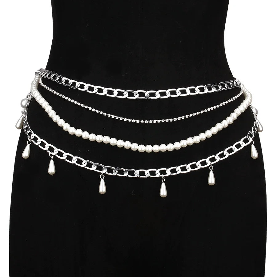 Y2K Designer belt Jewelry Multilayer Pearl waist chain for Women's Fashion Retro Character Playing Body Accessories Party Belts