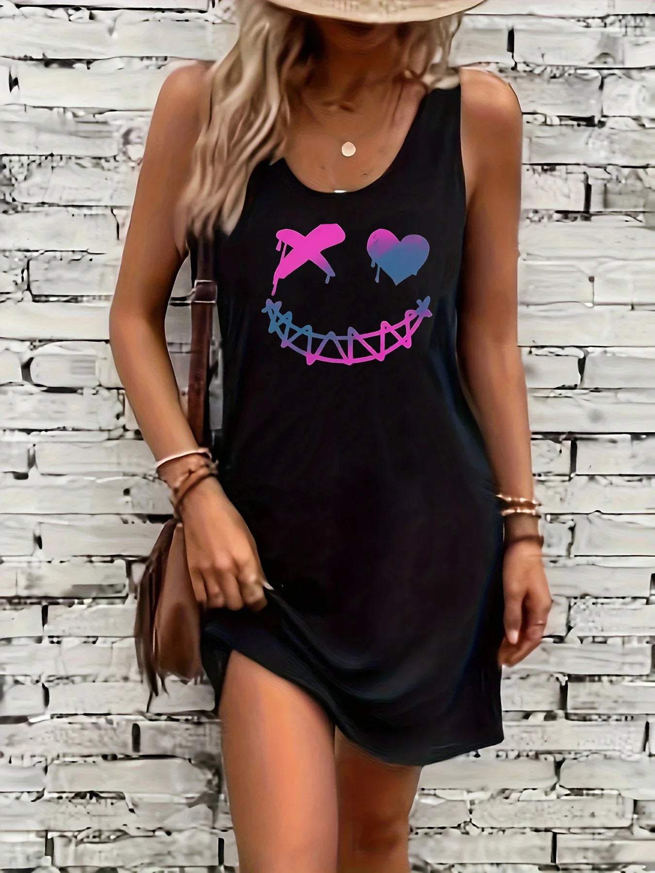 Women's summer loose, comfortable, casual, fashionable cat pattern printed black sleeveless vest skirt punk style dress