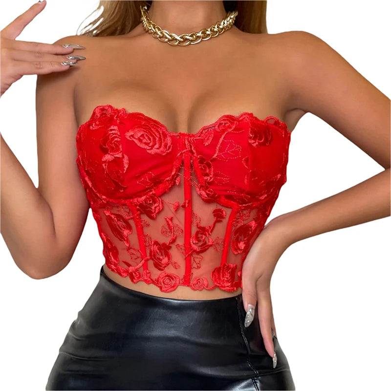 Women´s Bustier Tube Tops Rose Embroidery Flower See Through Off Shoulder Slim Fit Tank Top Summer Vest Aesthetic Grunge Clothes
