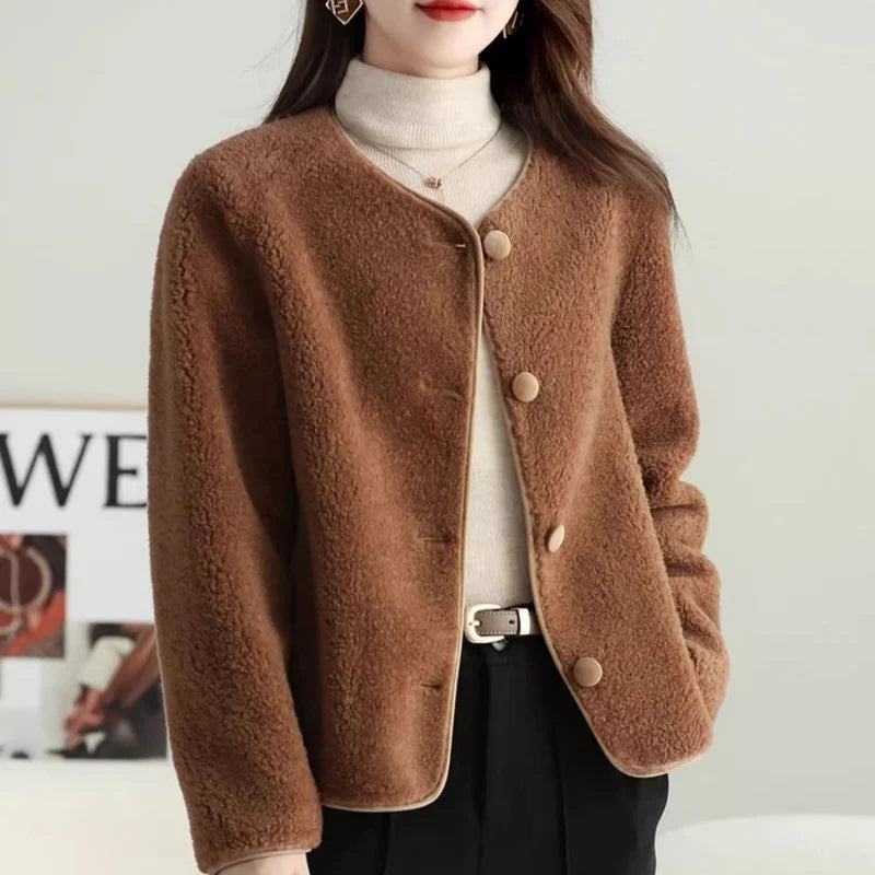 Autumn Winter Women Korean Fashion Luxury Chic Lamb Plush Button Jackets Retro Elegant Solid O Neck Long Sleeve Loose Warm Coats