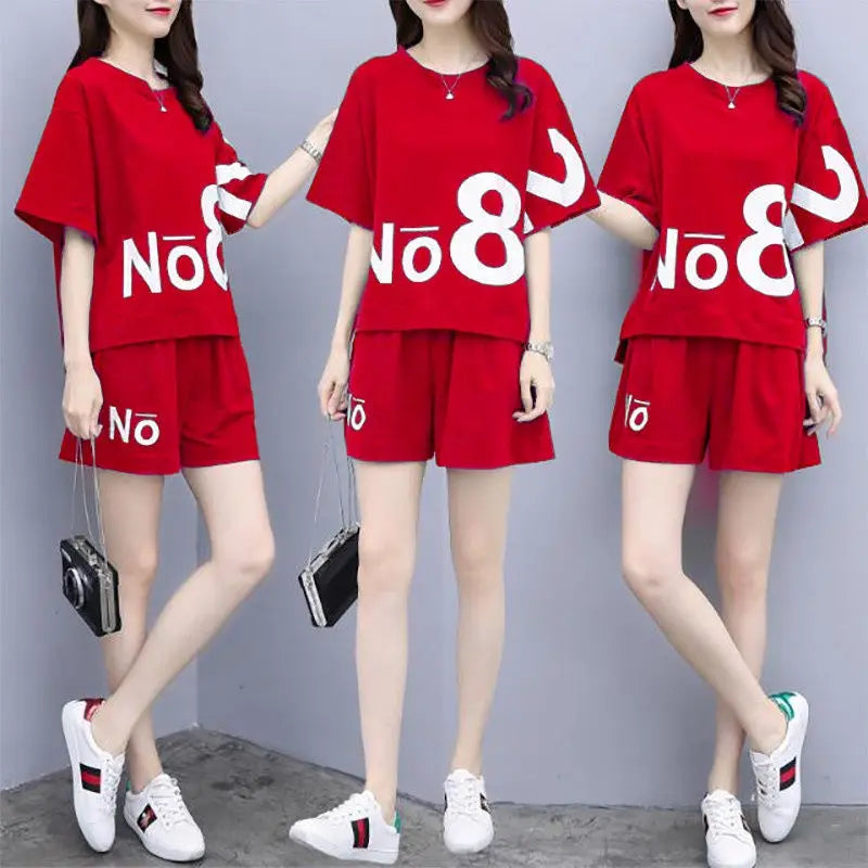 Casual suit women's shorts sportswear summer new 2025 fashion fat MM large size short-sleeved T-shirt two-piece set trendy