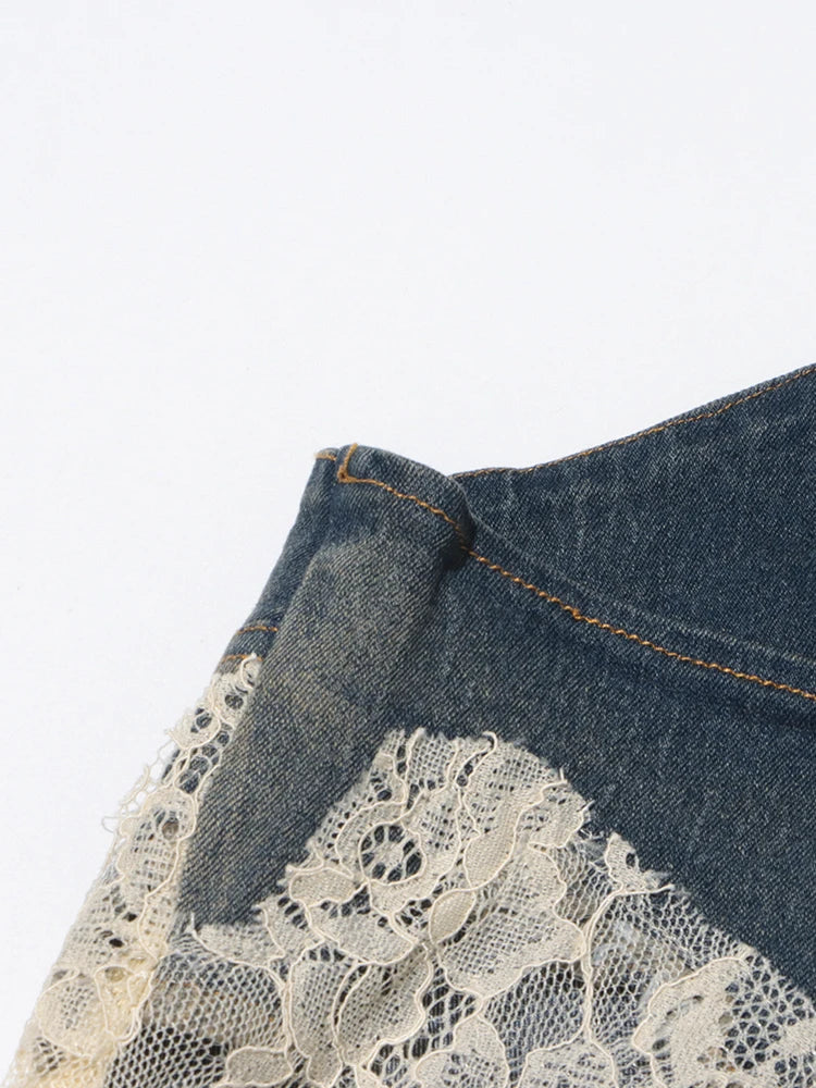 TWOTWINSTYLE Patchwork Lace Two Piece Set For Women V Neck Sleeveless Tops High Waist Loose Pant Slimming Denim Sets Female New