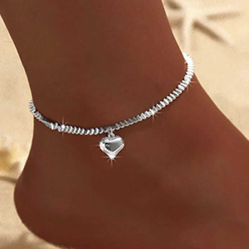 Sparkling Thin Chain Anklet For Women Zircon Heart Cross Pendant Double Layer Bracelet On Leg Foot Trendy Summer Beach Jewelry